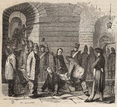 Koppeling in de Rochefort Bagne in de 19e eeuw. Gravure in Histoire des bagnes depuis leur création à nos jours (1877) door Pierre Zaccone. Privécollectie. door Anonymous Anonymous