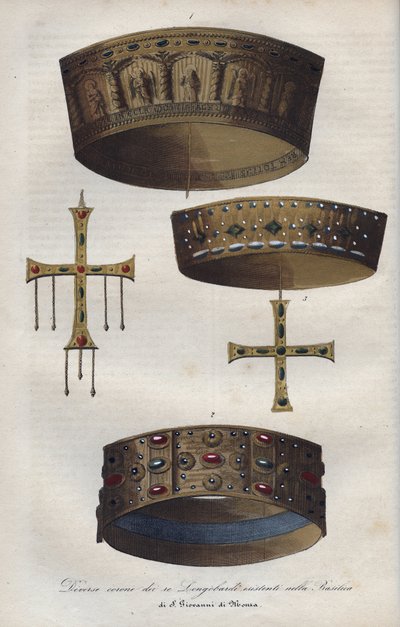 Kronen van de Soevereinen van het Lombardische Koninkrijk (568-774), bewaard in de Basiliek van Sint Jan van Monza - Verschillende kronen van de Lombardische koningen bewaard in de Basiliek van San Giovanni di Monza - gravure uit 