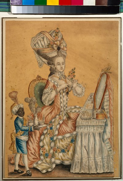 Dame aan haar toilettafel met een zwarte jongen die haar bedient - Anoniem, Aquarel op papier circa 1770 - Staats Tretyakov Galerij, Moskou door Anonymous Anonymous