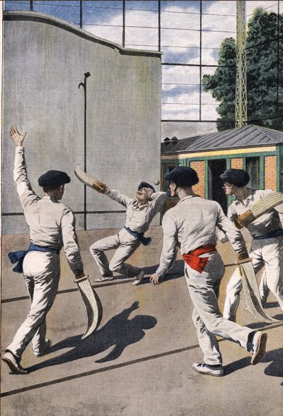 Dodelijk spel van Baskische bal: een speler krijgt de bal van een tegenstander tegen zijn hoofd en sterft aan zijn verwonding. Gravure in 
