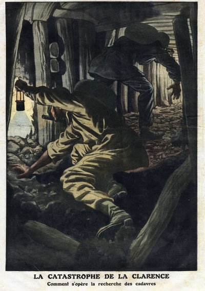 Ramp van de Clarence-mijn (Nord pas de calais): reddingswerkers proberen de lichamen van de slachtoffers van de mijngasexplosie te bergen. Illustratie uit Le Petite Journal 22/09/1912. Privécollectie door Anonymous Anonymous
