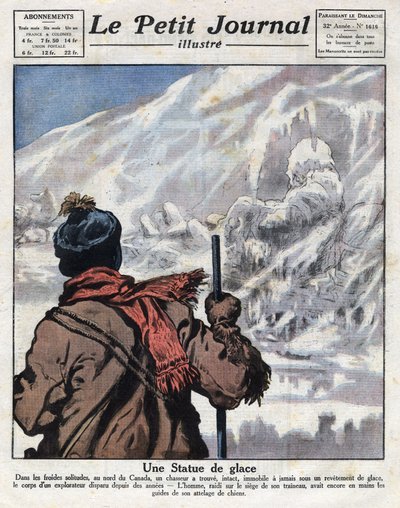 Ontdekking van het lichaam van een ontdekkingsreiziger in het ijs van Canada, jaren vermist. Illustratie uit 