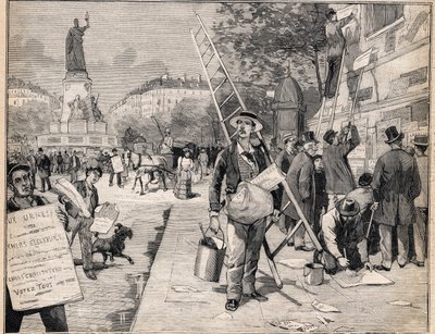 Aankondiging tijdens de verkiezingsperiode in Frankrijk. Gravure in 
