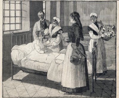Uitdeling van speelgoed aan kinderen van de openbare bijstand op nieuwjaarsdag. Gravure in 