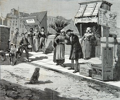 Hondentrimmers op de Pont Neuf in Parijs rond 1796, Gravure, Privécollectie door Anonymous Anonymous