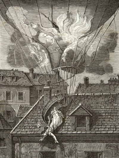 Dramatische dood van Madame Sophie Blanchard (1778-1819), luchtvaartster op 6 juli 1819 boven de tuinen van Tivoli in Parijs, Gravure, Privécollectie door Anonymous Anonymous