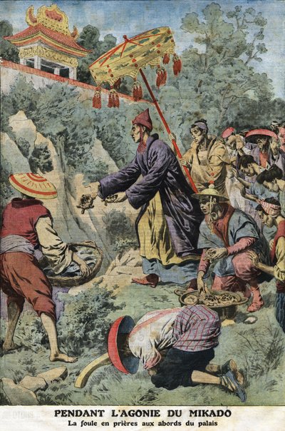 Tijdens de doodsstrijd van de Mikado (keizer van Japan) Meiji (1852-1912): de menigte in gebeden nabij het paleis. Gravure in "Le Petit Journal", op 11/08/1912. Privécollectie. door Anonymous Anonymous