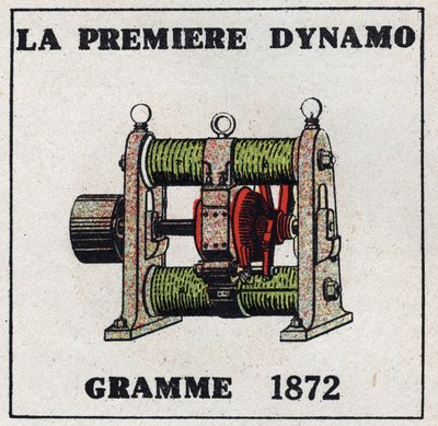 Dynamo: de eerste dynamo uitgevonden door Zenobe Theophile Gram (1826-1901) in 1872. Anonieme illustratie uit 1925. Privécollectie. door Anonymous Anonymous
