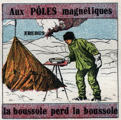 Aardmagnetisme: bij magnetische polen verliest het kompas zijn richting. Wetenschapper James Clark Ross (1800-1862) gebruikt een kompas tijdens zijn wetenschappelijke expeditie naar Antarctica. Achter hem de Erebus vulkaan die hij ontdekte in 1841. Anoniem door Anonymous Anonymous