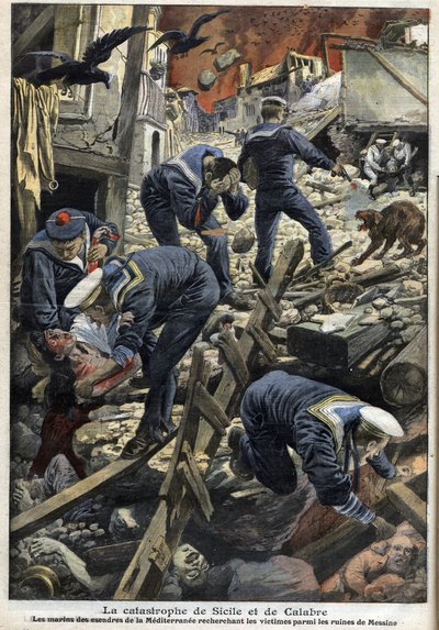 Aardbeving in Sicilië, Calabrië 1909 - De ramp van Sicilië en Calabrië (Aardbeving) - De matrozen van de Mediterranee zoeken naar slachtoffers tussen de ruïnes van Messina - 