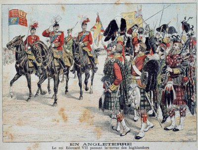 Edward VII (1841-1910) koning van Engeland inspecteert de Schotse Hooglanders Illustratie uit de illustere bijlage van het Little Diary 1905 Privécollectie door Anonymous Anonymous