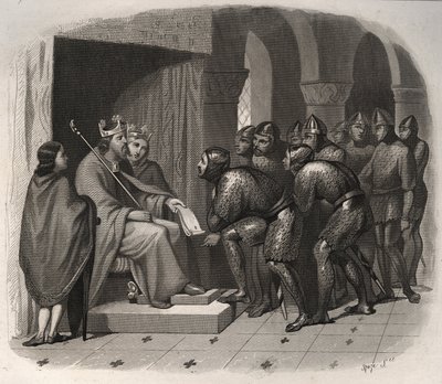 Eduard de Belijder (een van de laatste Angelsaksische koningen van Engeland) - Sint Eduard de Belijder (1004-1066) geeft nieuwe wetten aan zijn volk. Gravure uit 1846 in Lives of the Saints. Privécollectie door Anonymous Anonymous