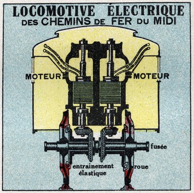 Elektrische spoorwegen: dwarsdoorsnede van de motor van een elektrische locomotief van de Zuidelijke Spoorwegen. Anonieme illustratie uit 1925. Privécollectie. door Anonymous Anonymous