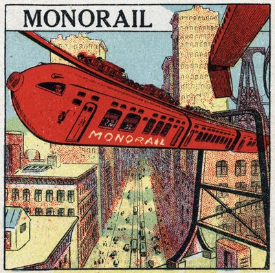 Elektrische spoorwegen: project voor een monorail die in een stad circuleert. Anonieme illustratie uit 1925. Privécollectie. door Anonymous Anonymous