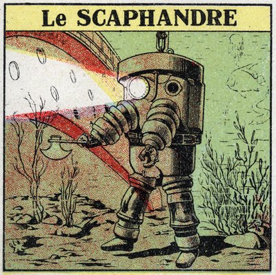 Elektrische gereedschappen: een duiker op de bodem van het water die een lichtprojector gebruikt om vooruit te komen. Anonieme illustratie uit 1925. Privécollectie. door Anonymous Anonymous