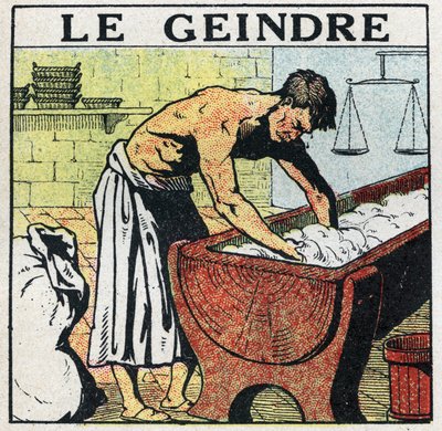 Elektrische gereedschappen: het gejammer of de assistent van de bakker wiens beroep het was om de pulp te schillen vóór de uitvinding van elektrische petrins. Anonieme illustratie uit 1925. Privécollectie. door Anonymous Anonymous