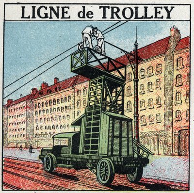 Elektrische trams: een trolleylijn. Anonieme illustratie uit 1925. Privécollectie. door Anonymous Anonymous