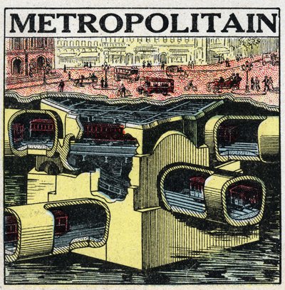 Elektrische trams: dwarsdoorsnede van de Parijse grond met de lijnen van de Metropolitain. Anonieme illustratie uit 1925. Privécollectie. door Anonymous Anonymous