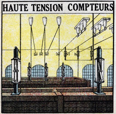 Elektrische lijnen: hoogspanningsmeters. Anonieme illustratie uit 1925. Privécollectie. door Anonymous Anonymous