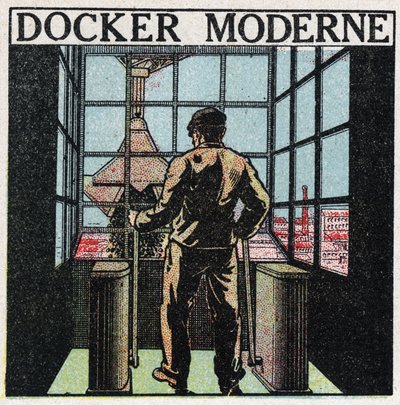 Elektrische gereedschappen: moderne havenarbeider (jaren 1920). Anonieme illustratie uit 1925. Privécollectie. door Anonymous Anonymous
