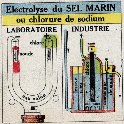 Elektrochemie: elektrolyse van zeezout of natriumchloride. Anonieme illustratie uit 1925. Privécollectie. door Anonymous Anonymous