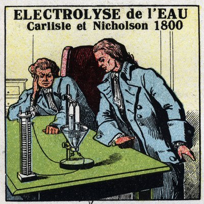 Elektrochemie: elektrolyse van water door Anthony Carlisle (1768-1842) en William Nicholson (1753-1815) in Londen op 2 mei door Anonymous Anonymous