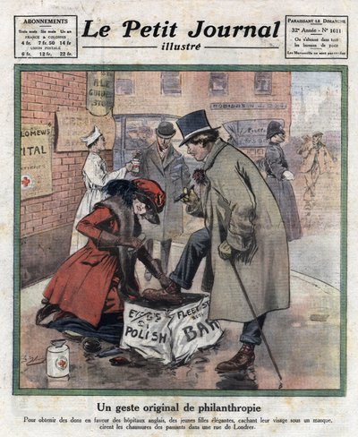 Elegante jonge meisjes, hun gezicht verborgen achter een masker, poetsen de schoenen van Londense voorbijgangers om geld in te zamelen voor Engelse ziekenhuizen. Illustratie uit 