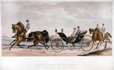 Elisabeth (Sissi) en François Joseph I (1830 - 1916) van Oostenrijk tijdens een koetstocht. Gravure 19e eeuw. Privécollectie door Anonymous Anonymous