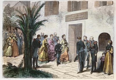 Keizerin Eugenia en prins Louis Napoleon bezoeken het huis waar Napoleon I werd geboren, in Ajaccio, Corsica, Frankrijk 1869 - reis van de keizerin en de keizerlijke prins - bezoek aan het huis van Napoleon I in Ajaccio - 1869 door Anonymous Anonymous