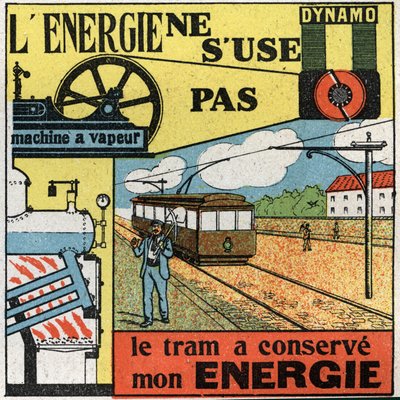 Energie raakt niet op: elektriciteitsproductie met een dynamo die de stoommachine van een tram voedt. Anonieme illustratie uit 1925. Privécollectie. door Anonymous Anonymous