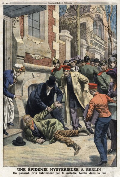 Epidemie in Berlijn: een voorbijganger plotseling getroffen door de ziekte valt op straat. Het was vergiftiging door vervalste drankjes. Gravure in 