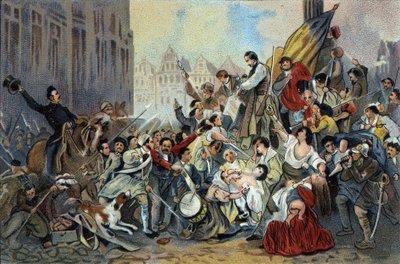 Episode van de Revolutie van 1830 voor het stadhuis van Brussel. Reclamechromolithografie van Antoine chocolade in Brussel, begin 20e eeuw. Privécollectie. door Anonymous Anonymous