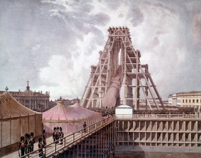 Oprichting van de zuil van Alexander I op het Paleisplein (Sint-Petersburg). Schilderij van de Russische school door Anonymous Anonymous