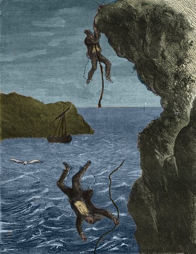 Ontsnapping van twee krachten uit de bagne de Belle-Ile-en-Mer (mooie eiland aan zee) in de 19e eeuw. Gravure in 