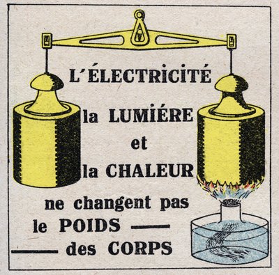 Ether (materiaal): Elektriciteit, licht en warmte veranderen het lichaamsgewicht niet. Anonieme illustratie uit 1925. Privécollectie. door Anonymous Anonymous
