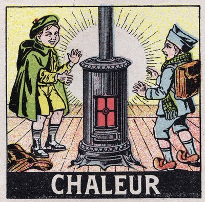 Ether (materiaal): twee kinderen verwarmd door de warmte van een kachel. Anonieme illustratie uit 1925. Privécollectie door Anonymous Anonymous
