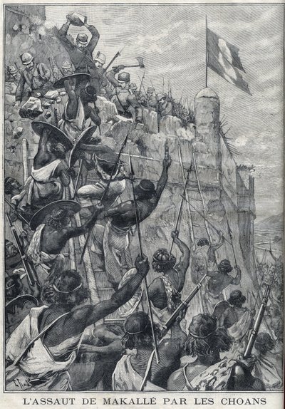 Ethiopië: De aanval op Makalle door de Choans van Menelik II tegen het Italiaanse leger. Ethiopië. Gravure in Le Petite Parisien door Anonymous Anonymous