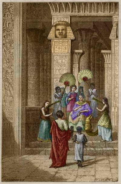 Euclides presenteert aan Ptolemaeus Soter zijn werk over de elementen van geometrie - gravure in 