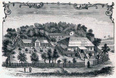 Buitenaanzicht van de pastorie en school van Hell Ville, hoofdstad van het eiland Nosy Be in Madagaskar. Gravure in 