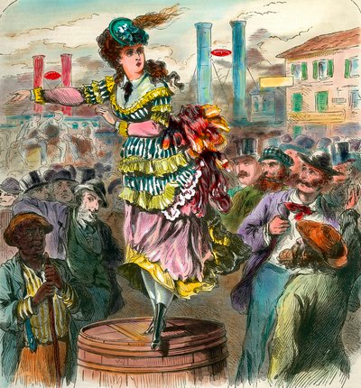 Feminisme: Toespraak voor vrouwenemancipatie in de Verenigde Staten. Een jonge vrouw die op een vat staat, eist vrouwenrechten. Gravure uit de 19e eeuw. Privécollectie door Anonymous Anonymous