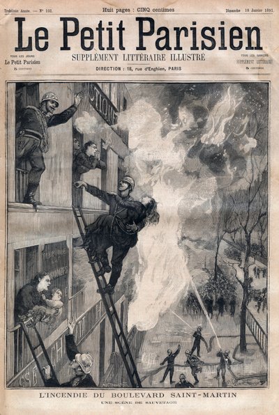 Brandweerman van Parijs: reddingsscène tijdens de brand van Boulevard Saint-Martin. Gravure in “Le petit Parisien” uit 1891. Privécollectie door Anonymous Anonymous
