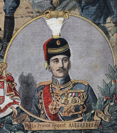 Eerste Wereldoorlog 1914-1918: Portret van de prins-regent van Servië Alexander, die koning Alexander I van Joegoslavië werd (1888-1934). Gravure in 