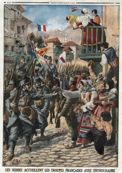 Eerste Wereldoorlog 1914-1918: Serviërs verwelkomden Franse troepen met enthousiasme. Gravure in 