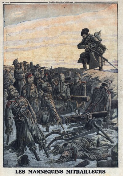 Eerste Wereldoorlog 1914-1918 (Oorlog 14-18). Duitse soldaten gebruiken mannequins die ze in loopgraven hebben met machinegeweren om de Russische vijand te misleiden. In 