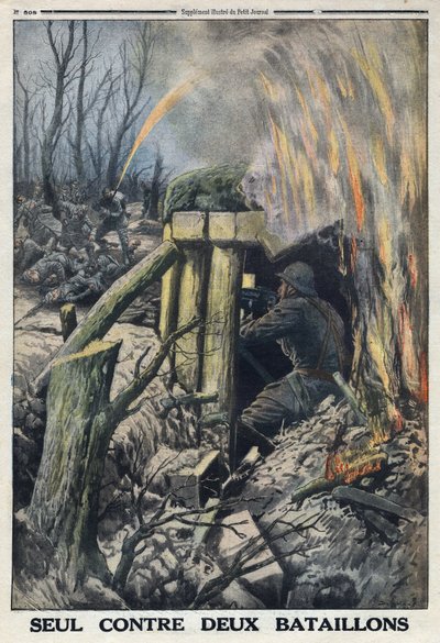 Eerste Wereldoorlog 1914-1918. Een Franse officier vecht alleen tegen twee bataljons van het Duitse leger in het Bois de Caures. In 