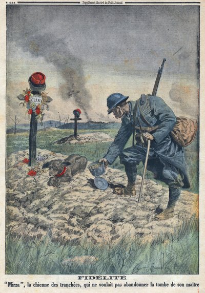 Eerste Wereldoorlog 1914-1918. Een hond weigert het graf van haar dode meester in de loopgraaf te verlaten. In 