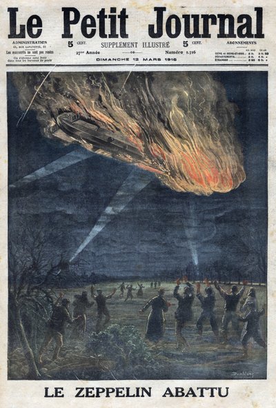 Eerste Wereldoorlog 1914-1918. Een zeppelin van het Duitse leger neergeschoten in de open lucht door het Franse leger bij Sainte Menehould. In 