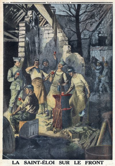 Eerste Wereldoorlog 1914-1918. Viering van Sint-Eloi door soldaten aan het front. Ze drinken allemaal een glas rode wijn voor het feest. In 