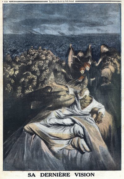 Eerste Wereldoorlog 1914-1918. Dood van Frans Jozef I van Oostenrijk (1830-1916). Zijn laatste visie hier weergegeven maakt hem schuldig aan alle schandelijke misdaden die hij heeft begaan. In 