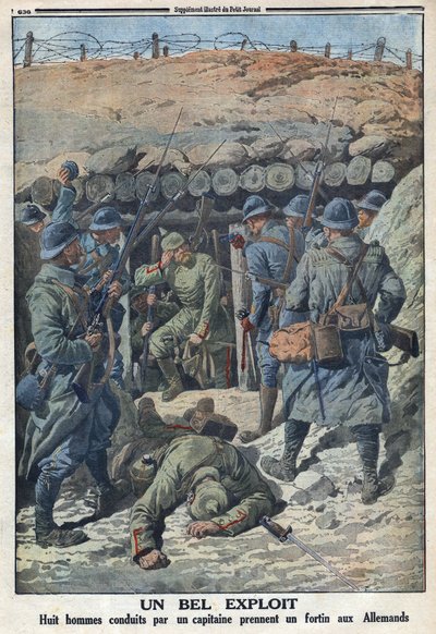 Eerste Wereldoorlog 1914-1918. Acht soldaten van het Franse leger onder leiding van een kapitein namen een fort van de Duitsers in. In 